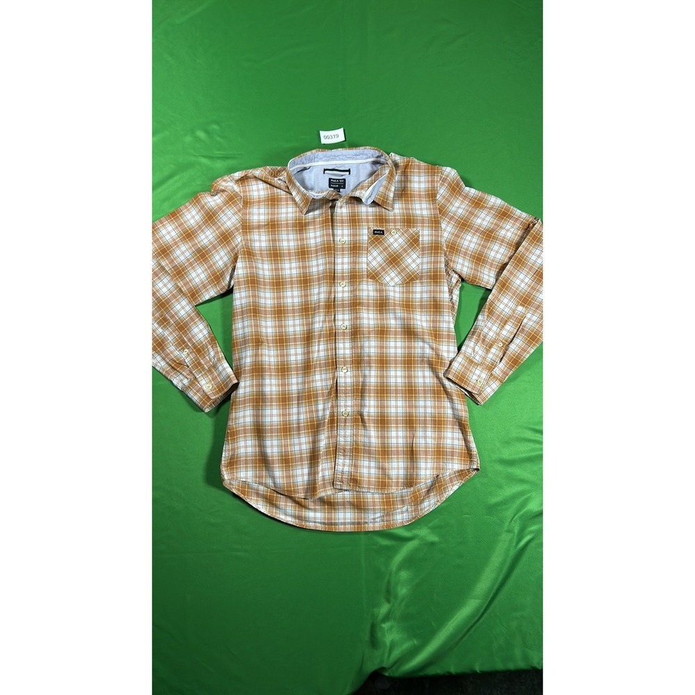 RVCA Mens Plaid Flannel Button Down Shirt Orange Tan Regular Fit L